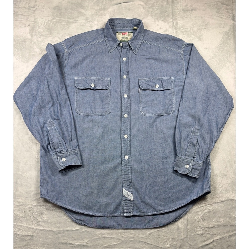 Vintage 1994 Levis Chambray Shirt Mens Large Blue White Tab Cotton Workwear